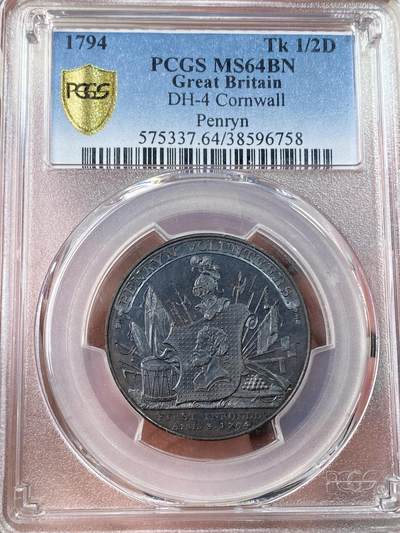 万国钱币拍卖第054期 - PCGS MS64 1794年英国康沃尔郡1/2便士代用币 双独角兽护盾极为罕见品种