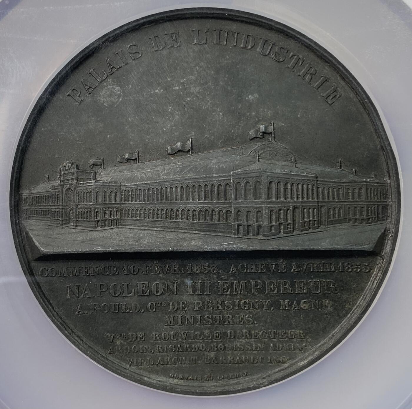 万国钱币拍卖第054期 NGC MS61 1855年法国巴黎世界博览会工业宫纪念大锌章 拿破仑三世与欧根妮皇后像 背面工业宫景观全貌 罕见高浮雕 68MM大规格