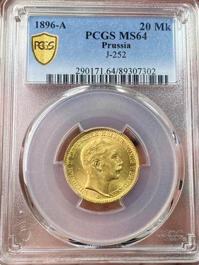 万国钱币拍卖第054期 - PCGS MS64 1896年德国普鲁士威廉二世长翅流通20马克金币 早期少见年份 丝绸黄金底板强转光 7.96g 900金