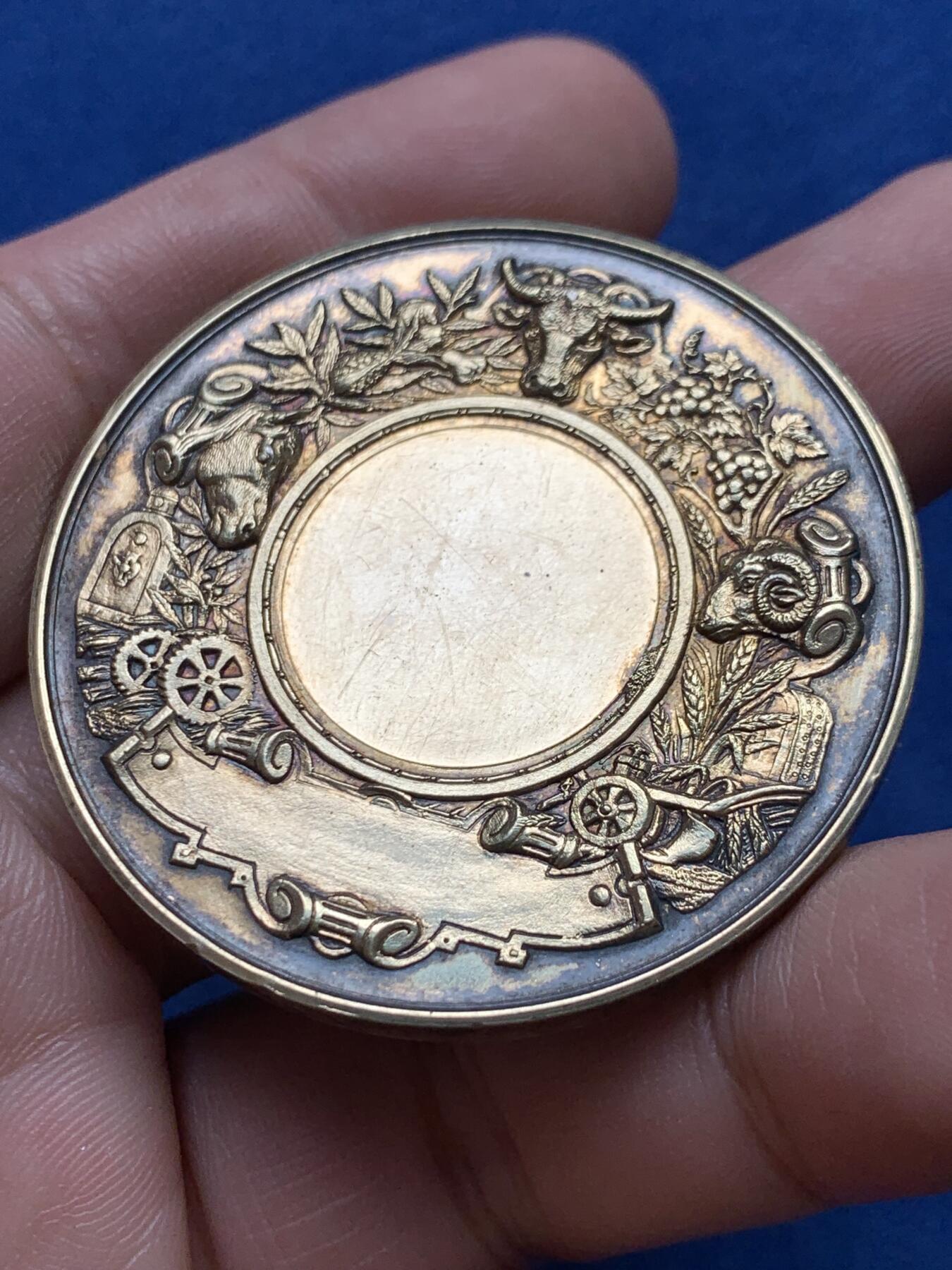 《竞宝斋》第434场 周日，周一2场连拍 （全场包邮） 稀有 法国卢维耶农业镀金大银章 46.7克 45.8mm 烟斗银标 未刻字