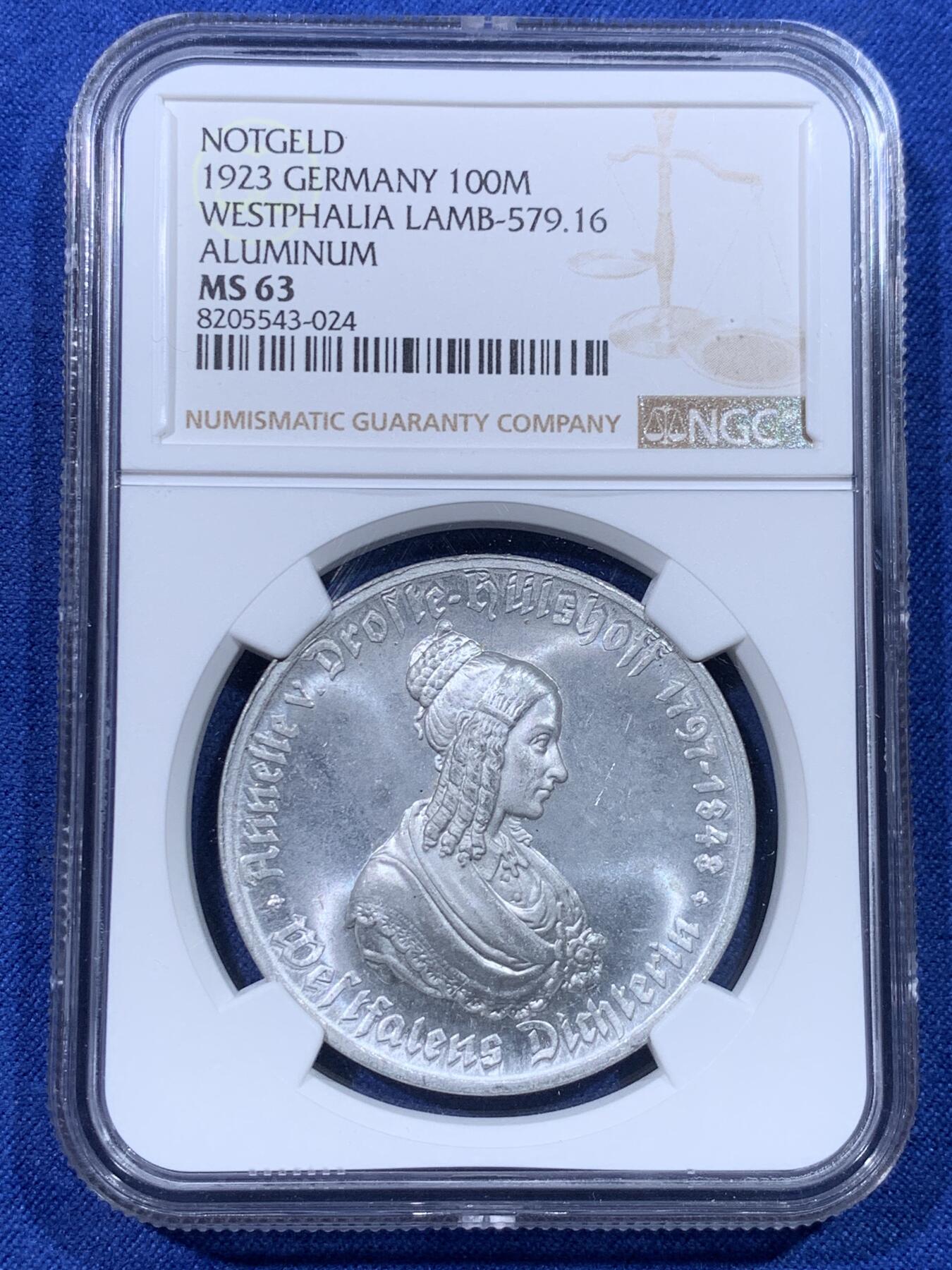 《竞宝斋》第434场 周日，周一2场连拍 （全场包邮） NGC MS63 德国德紧时期1923年女诗人100马克，浮雕立体，性价比高。