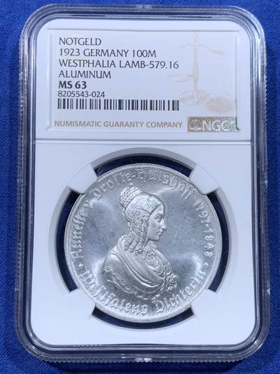 《竞宝斋》第434场 周日，周一2场连拍 （全场包邮） - NGC MS63 德国德紧时期1923年女诗人100马克，浮雕立体，性价比高。