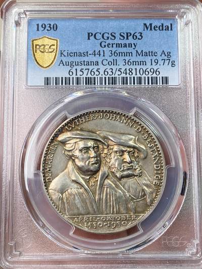 万国钱币拍卖第054期 - PCGS SP63 1930年德国奥格斯堡忏悔400周年纪念银章 卡尔哥茨名家设计五彩梅拉奇通和马丁·路德 奥格斯堡城市景观刻画精细