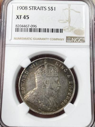 万国钱币拍卖第054期 - NGC XF45 1908年英属爱德华七世海峡殖民地一元小样 酱彩环绕