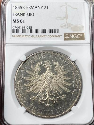 万国钱币拍卖第054期 - NGC MS61 1855年德国法兰克福自由市自由鹰流通2泰勒 此年份仅发行72015枚 原味淡金彩鹰羽根根可数