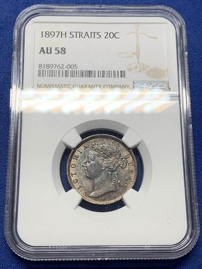 《竞宝斋》第434场 周日，周一2场连拍 （全场包邮） - NGC AU58 英属海峡1897H维多利亚女王20分银币，双面顶级重五彩，发丝皇冠全深打，状态绝赞。铸量仅18万5千，后期高难年份，60分书价600美元，季军分，更高仅6枚。早在14年外拍同分就以250美元成交，包浆远不如此枚
