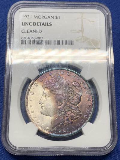 《竞宝斋》第434场 周日，周一2场连拍 （全场包邮） - NGC UNC 1921年美国摩根银币 女神面深红褐色大月牙彩，关门年份摩根铸造时添加抗氧化成分，故1921年摩根带彩的非常少见，占比发行率不到5%