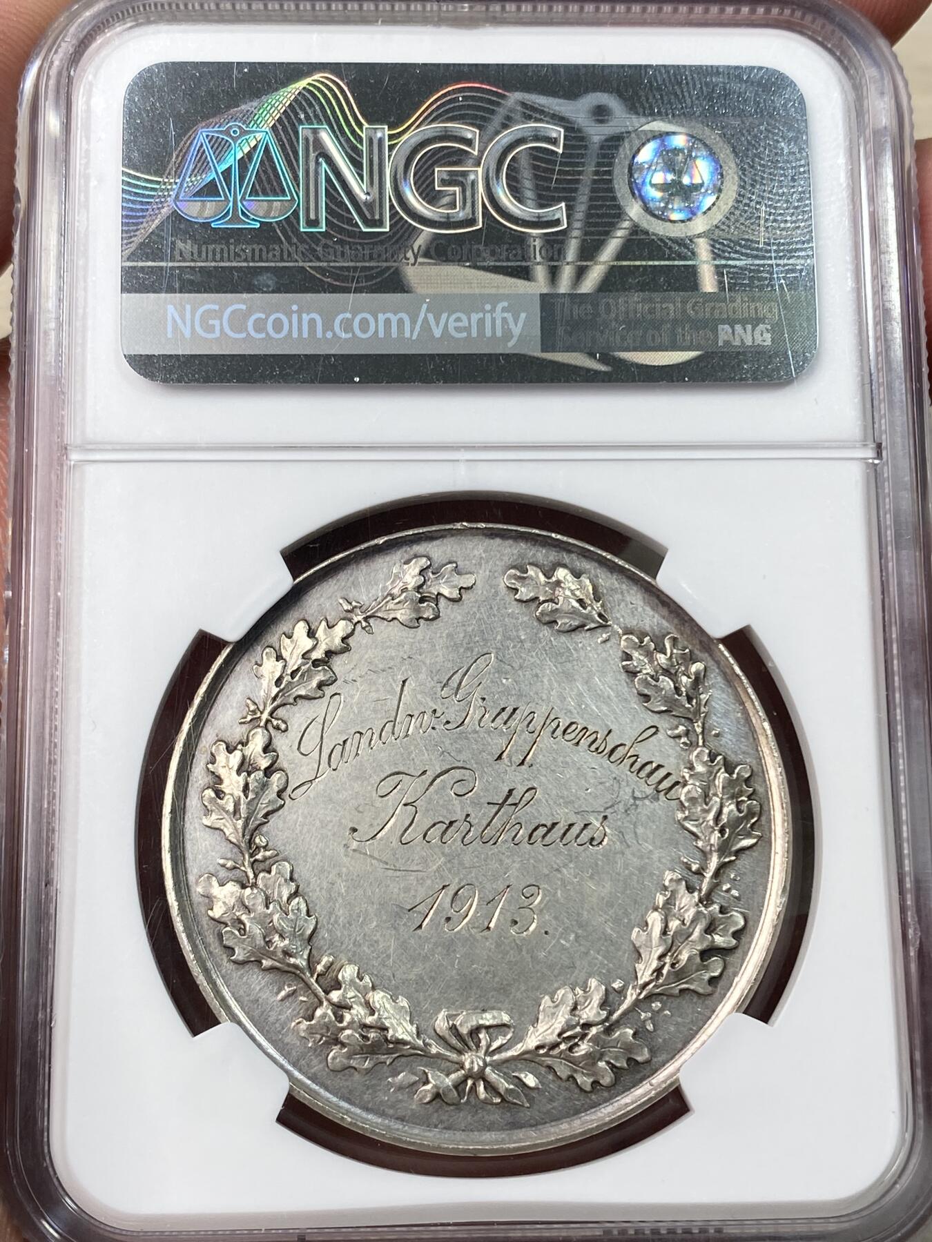 万国钱币拍卖第054期 NGC UNCD 1913年德国巴伐利亚地方农业家禽奖励银章 公鸡、黑森鸽刻画极其精细栩栩动人