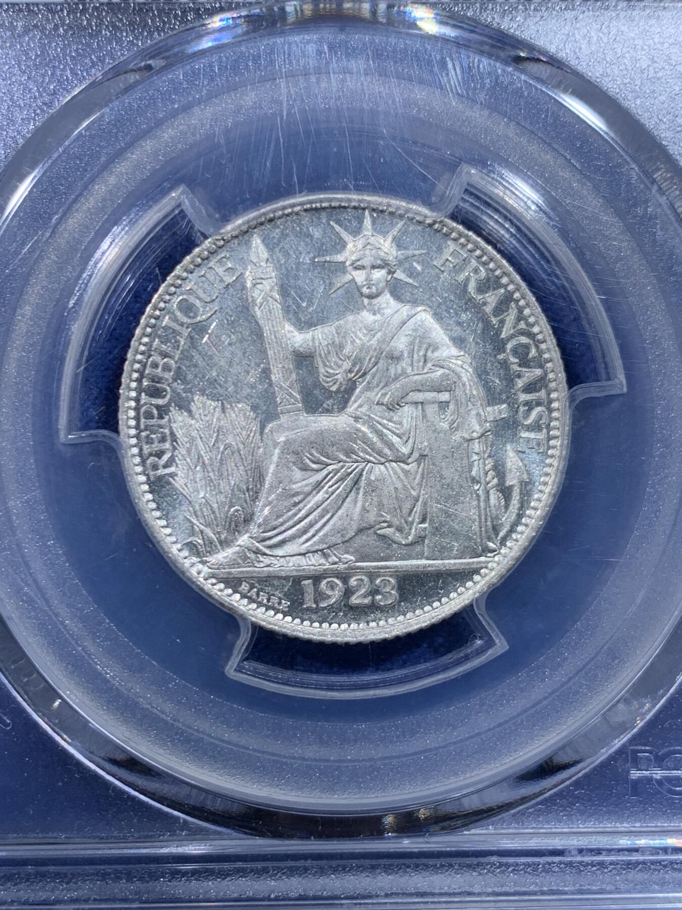 《竞宝斋》第434场 周日，周一2场连拍 （全场包邮） PCGS MS62 法属印支1923年坐洋20分银币  少见年份，PL底板，观感极佳，不是极为常见的1937年
