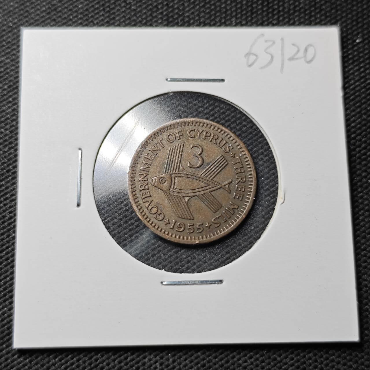 KK钱币收藏小铺  第363场  2月预留时间 周末发货  1955英属塞浦路斯3米尔铜币