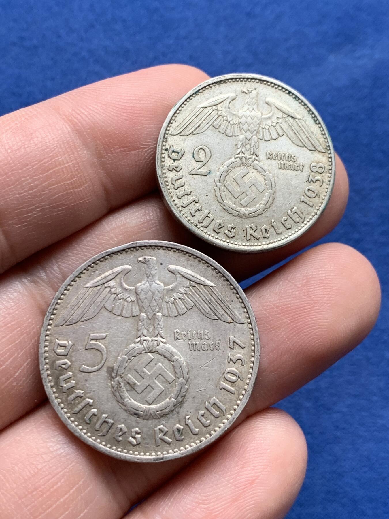 《竞宝斋》第434场 周日，周一2场连拍 （全场包邮） 两枚一组 德国兴登堡银币 1937年F版5马克+1938年B版2马克