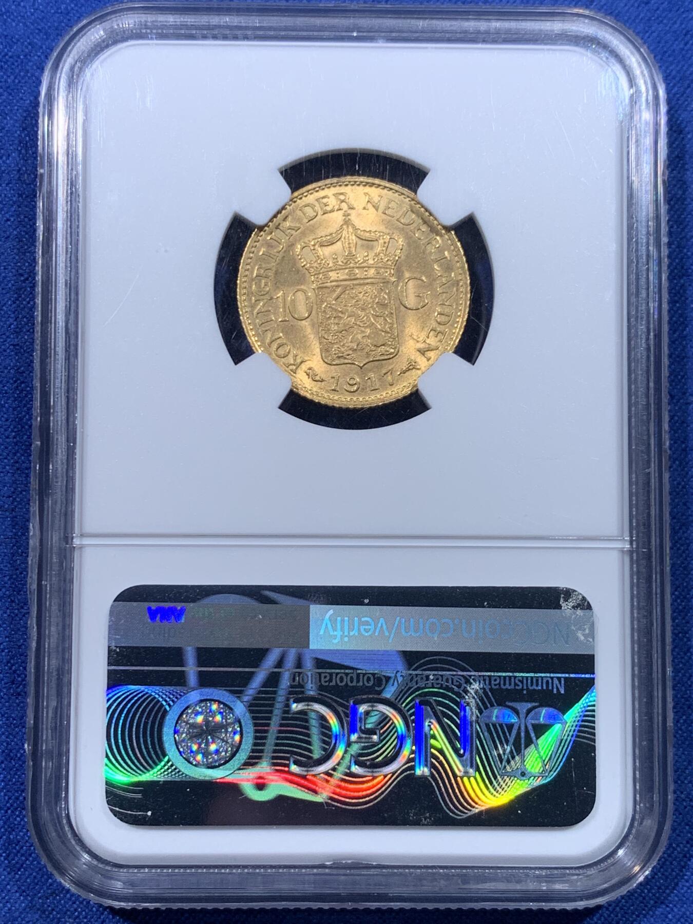 《竞宝斋》第434场 周日，周一2场连拍 （全场包邮） NGC MS64 荷兰1917年威廉明娜10盾金币 少妇版 900金 6.72克 车轮光金灿灿 热门好品潜力高