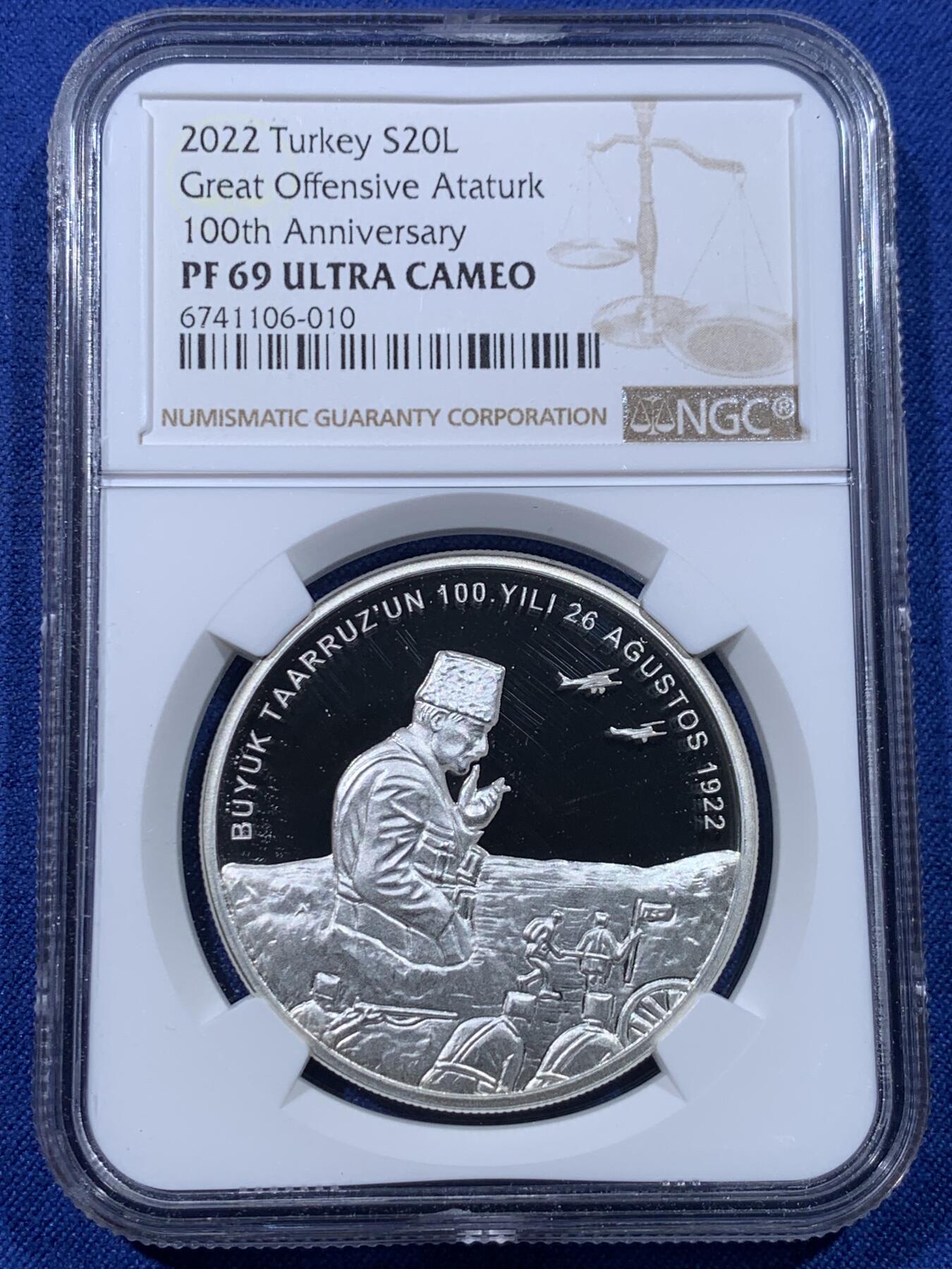 《竞宝斋》第434场 周日，周一2场连拍 （全场包邮） NGC PF69UC 土耳其2022年大攻势百年纪念20里拉精制银币，31.1g，925银，发行量3000枚。