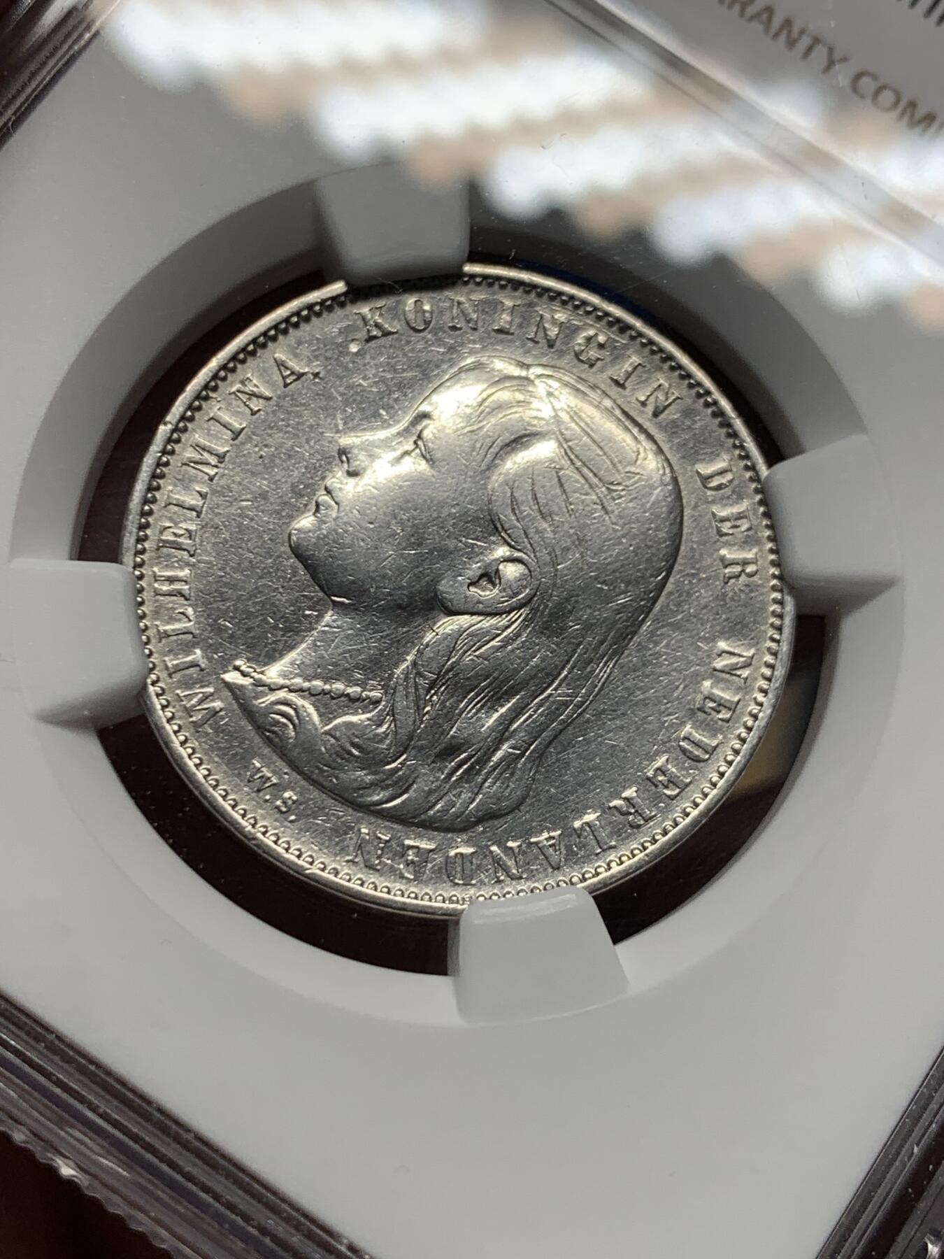 《竞宝斋》第434场 周日，周一2场连拍 （全场包邮） NGC XFD 荷兰1892年 威廉敏娜女王萝莉头 1盾银币