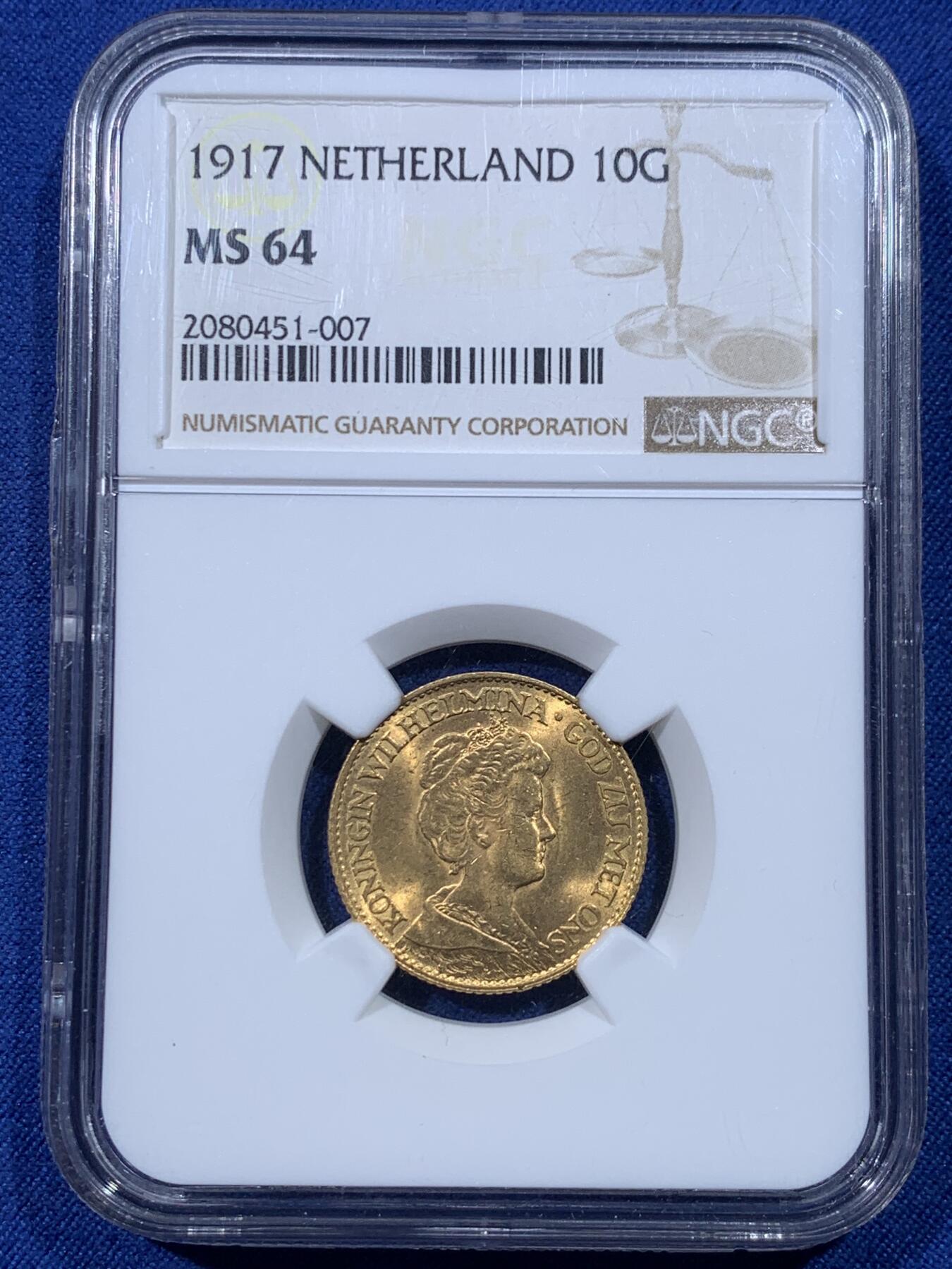 《竞宝斋》第434场 周日，周一2场连拍 （全场包邮） NGC MS64 荷兰1917年威廉明娜10盾金币 少妇版 900金 6.72克 车轮光金灿灿 热门好品潜力高