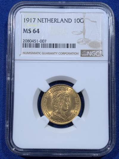 《竞宝斋》第434场 周日，周一2场连拍 （全场包邮） - NGC MS64 荷兰1917年威廉明娜10盾金币 少妇版 900金 6.72克 车轮光金灿灿 热门好品潜力高