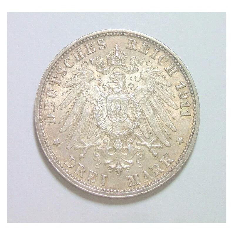 【银】德国符腾堡1911年 威廉二世银婚3马克银币 淡黄金彩 带原光