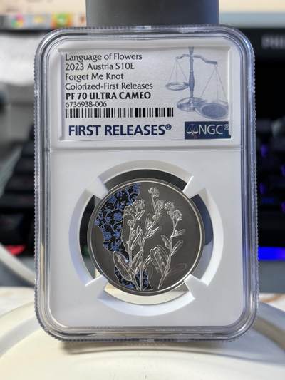 第180期拍卖【长期征集拍品】【北京币展专场】 -  奥地利2023年发行花语系列之勿忘我银币NGC-PF70首期蓝标原盒证，925银，发行30000枚，15.56克