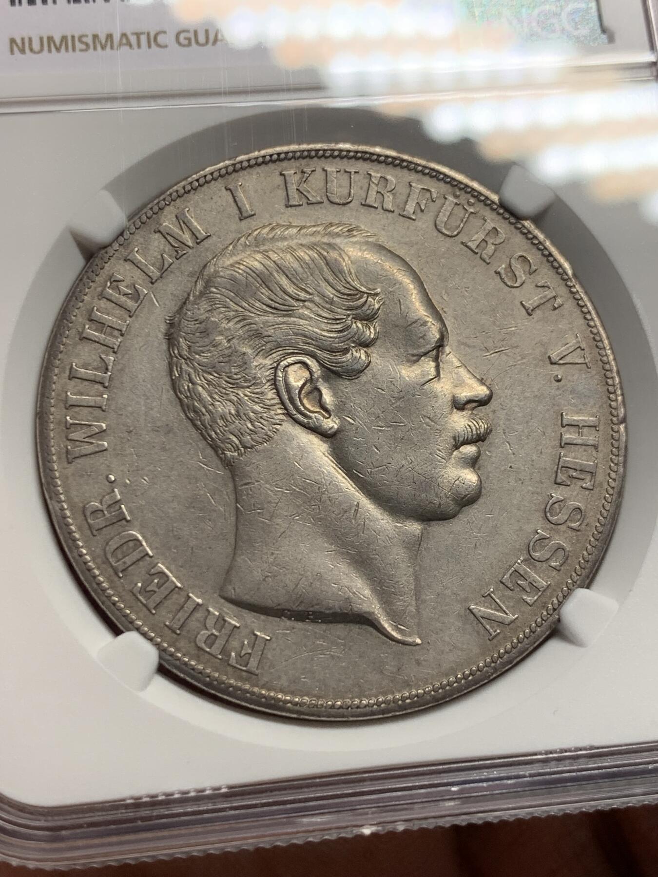 《竞宝斋》第434场 周日，周一2场连拍 （全场包邮） NGC AU 德国 1855年 黑森卡塞尔 2泰勒大银币 37克大窗帘 细节保存的很好