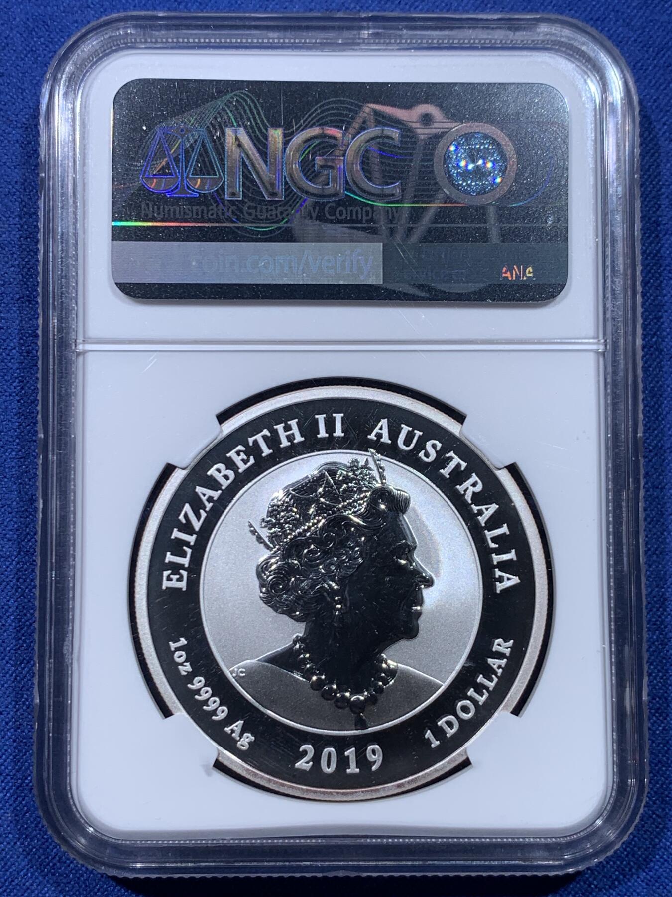 《竞宝斋》第434场 周日，周一2场连拍 （全场包邮） NGC MS69 澳大利亚2019年1澳元普制磨砂银币 月球着陆50周年 1盎司9999银 发行量：5万