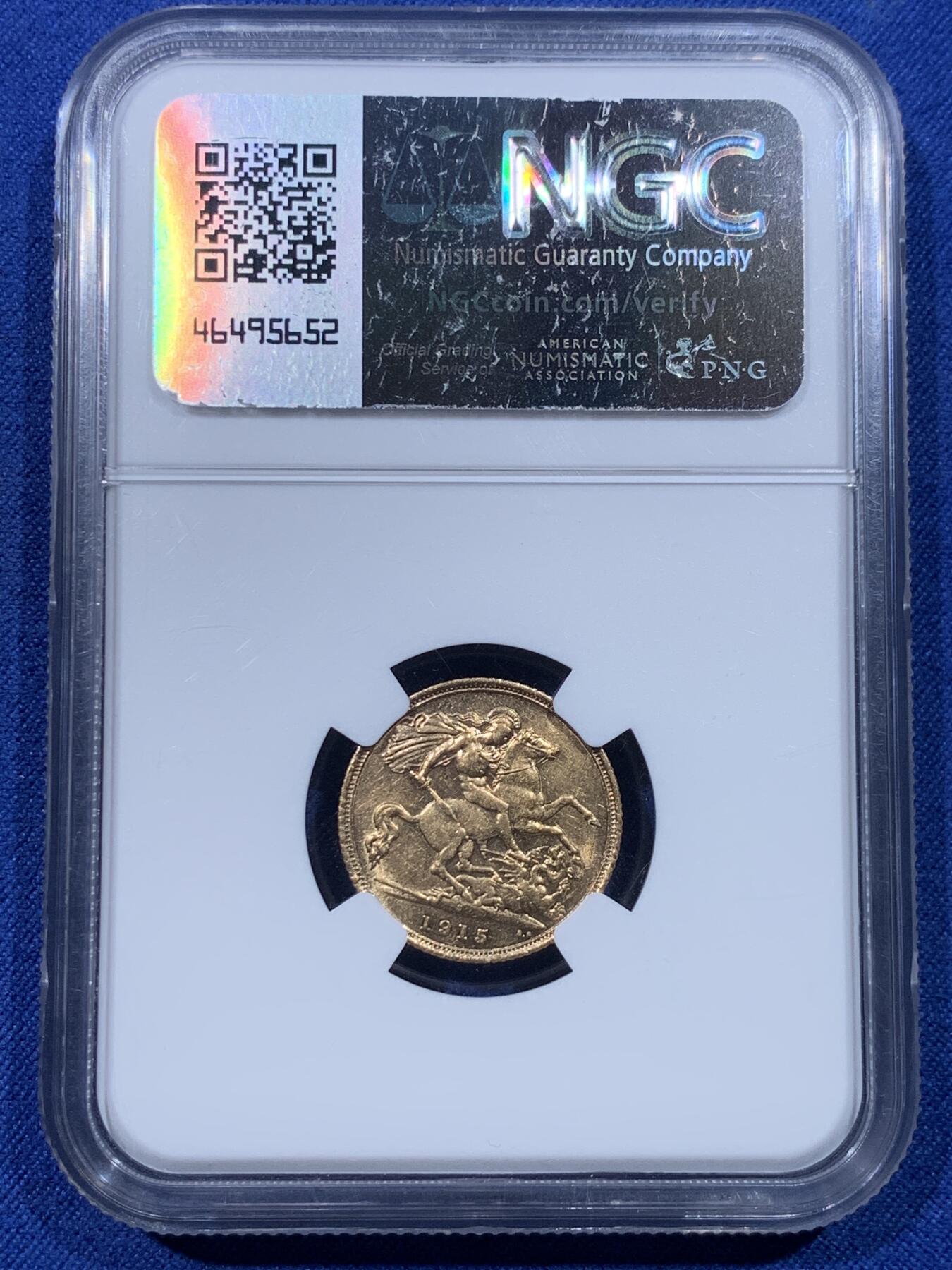 《竞宝斋》第434场 周日，周一2场连拍 （全场包邮） NGC MS61 澳大利亚 1915S 乔治五世 马剑 1/2SOV 金币，917金，3.994克，金价高涨的时候适合入手