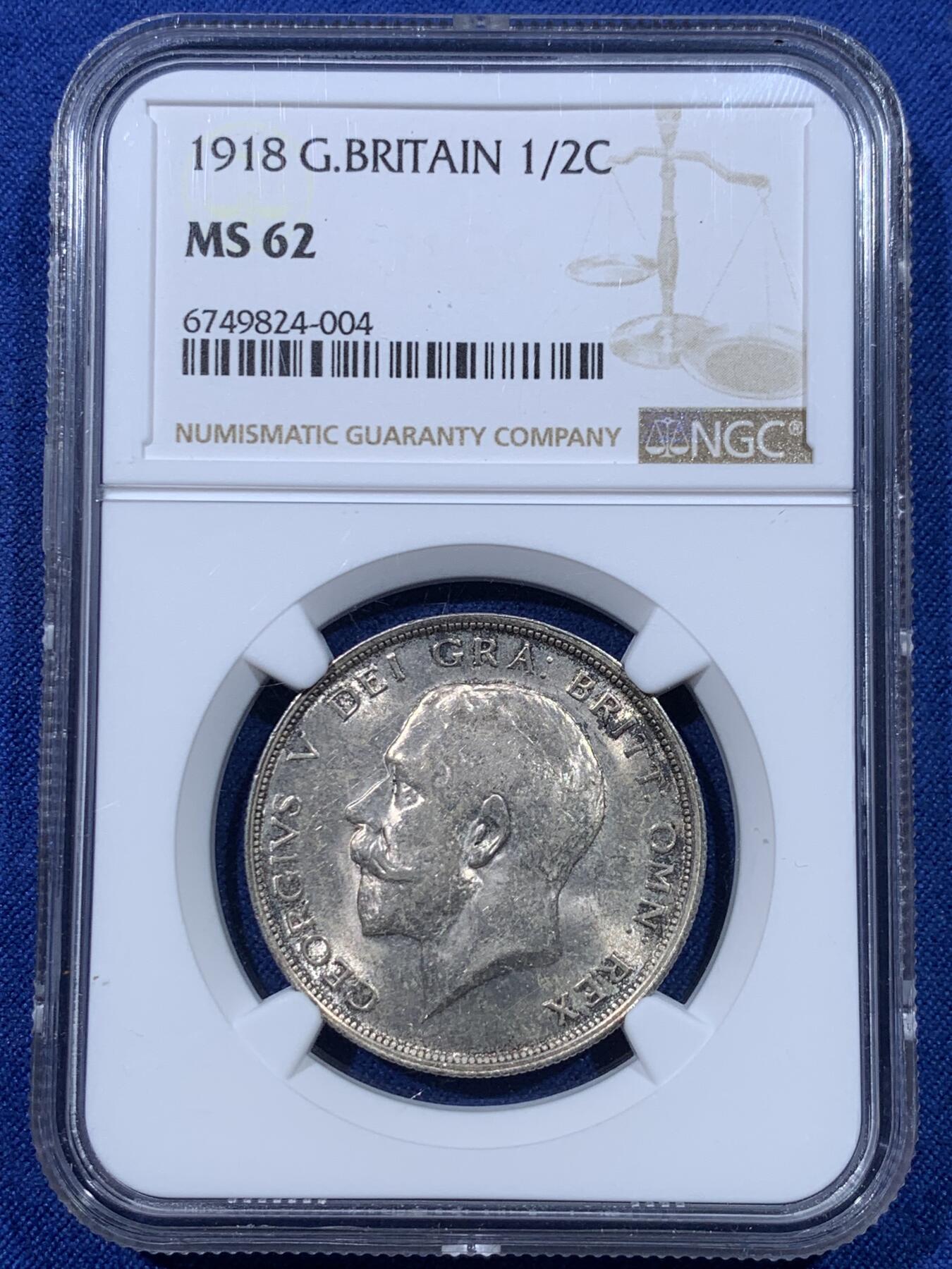 《竞宝斋》第434场 周日，周一2场连拍 （全场包邮） NGC MS62 英国1918年乔治五世半克朗银币 早期925高银版 包浆漂亮