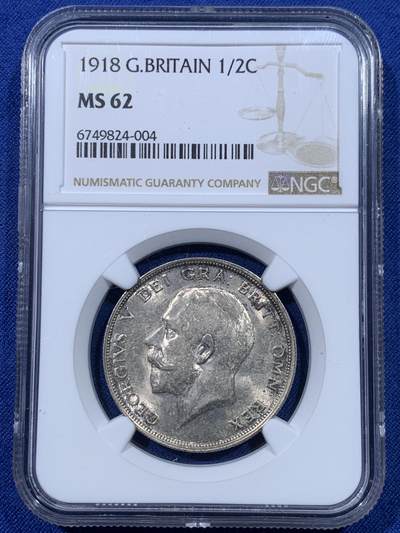 《竞宝斋》第434场 周日，周一2场连拍 （全场包邮） - NGC MS62 英国1918年乔治五世半克朗银币 早期925高银版 包浆漂亮