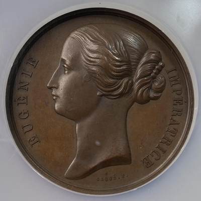 万国钱币拍卖第054期 - NGC MS63 1855年法国巴黎世界博览会纪念大铜章 罕见的尤金妮女神头像 50.3MM 65.65G大规格欧洲古典艺术大铜章