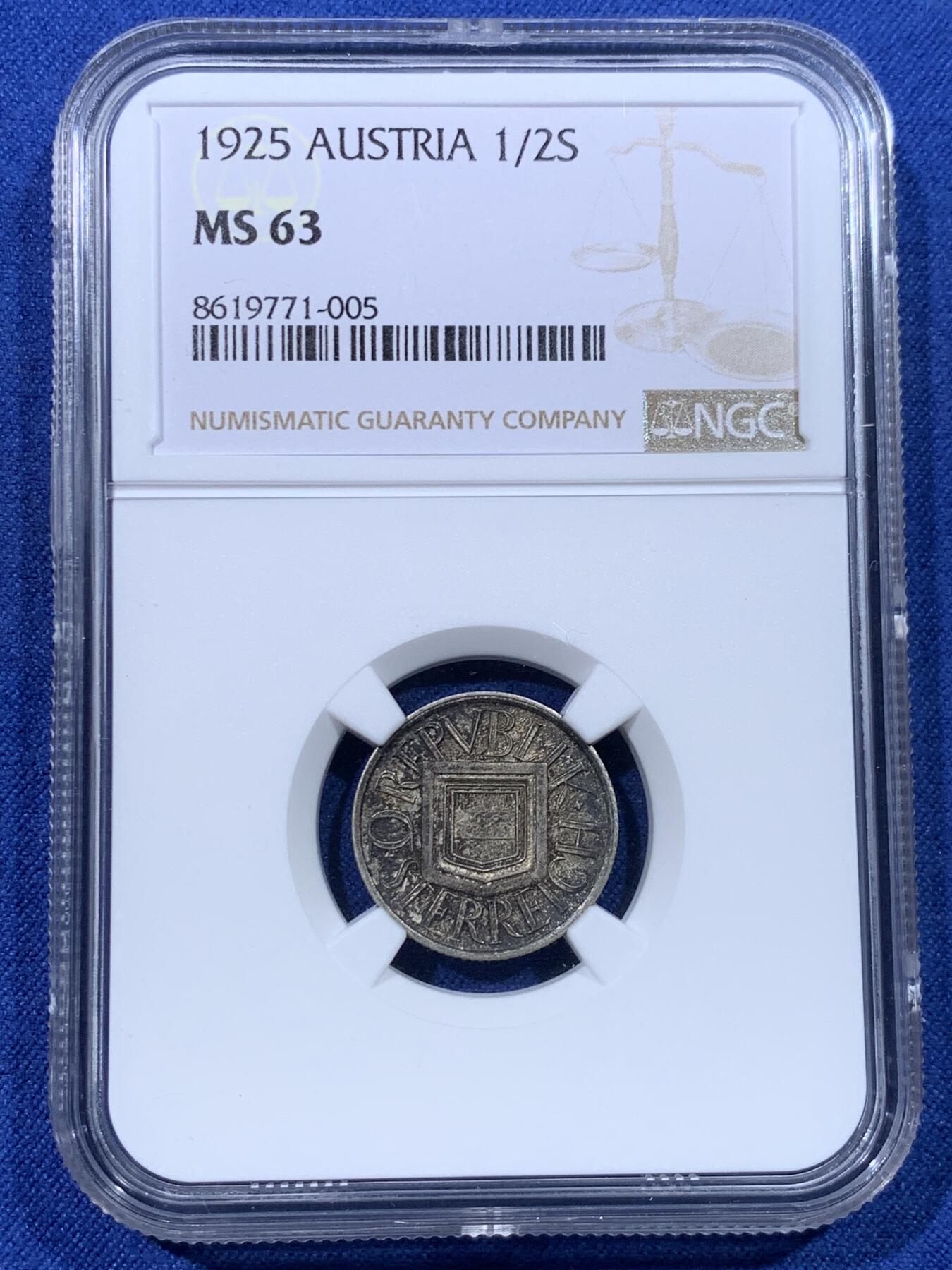 《竞宝斋》第434场 周日，周一2场连拍 （全场包邮） NGC MS63 奥地利1925年1/2先令银币，双面酱彩，带光好品，凑套必备品种。