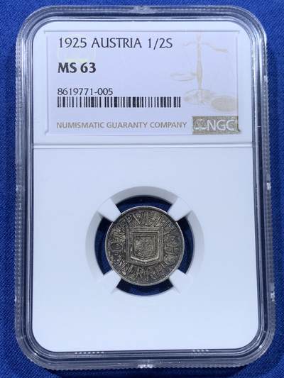 《竞宝斋》第434场 周日，周一2场连拍 （全场包邮） - NGC MS63 奥地利1925年1/2先令银币，双面酱彩，带光好品，凑套必备品种。