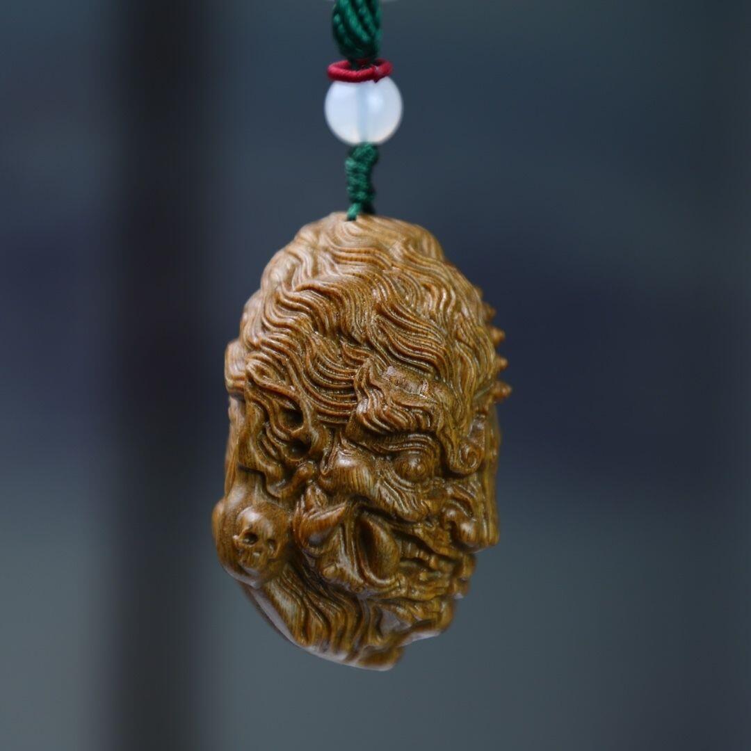 听雨轩（16）木雕 绿檀木手工雕刻佛魔一念之间手把件 6cm