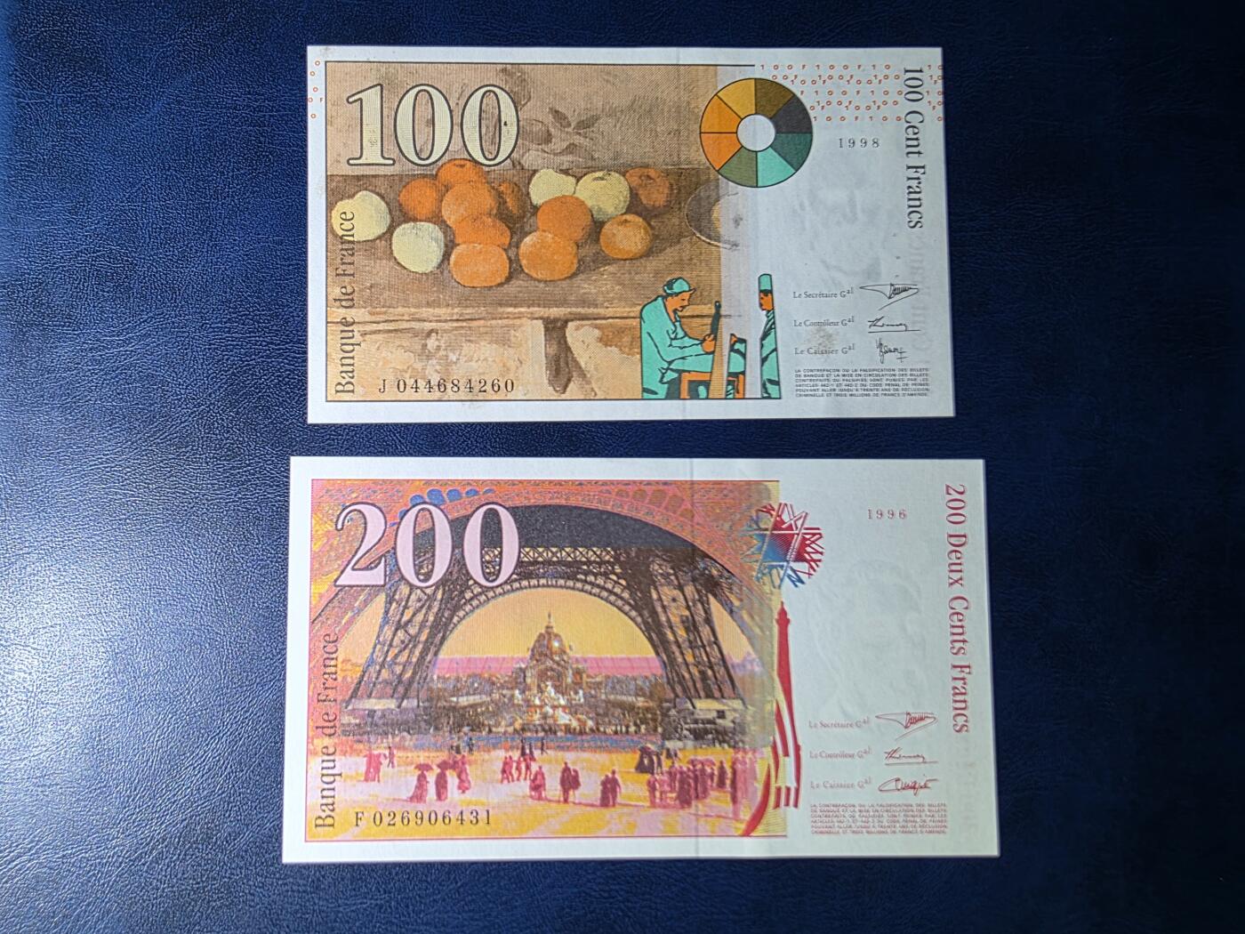 叁拾收藏第33期 法国100+200法郎2张（画家保罗塞尚+埃菲尔铁塔）  UNC