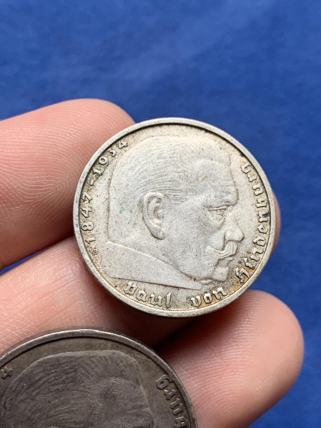 《竞宝斋》第434场 周日，周一2场连拍 （全场包邮） 两枚一组 德国兴登堡银币 1937年F版5马克+1938年B版2马克