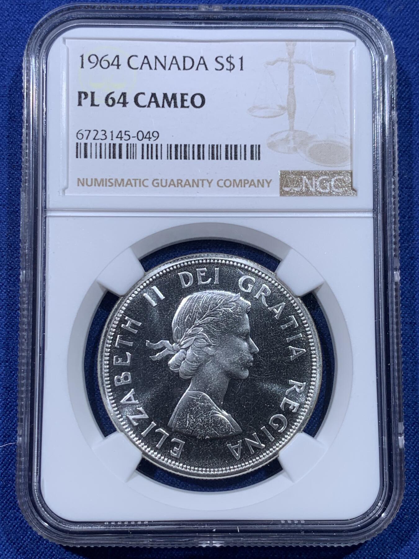 《竞宝斋》第434场 周日，周一2场连拍 （全场包邮） NGC PL64CAMEO 加拿大1964年夏洛特敦百年纪念银币 1元精制币