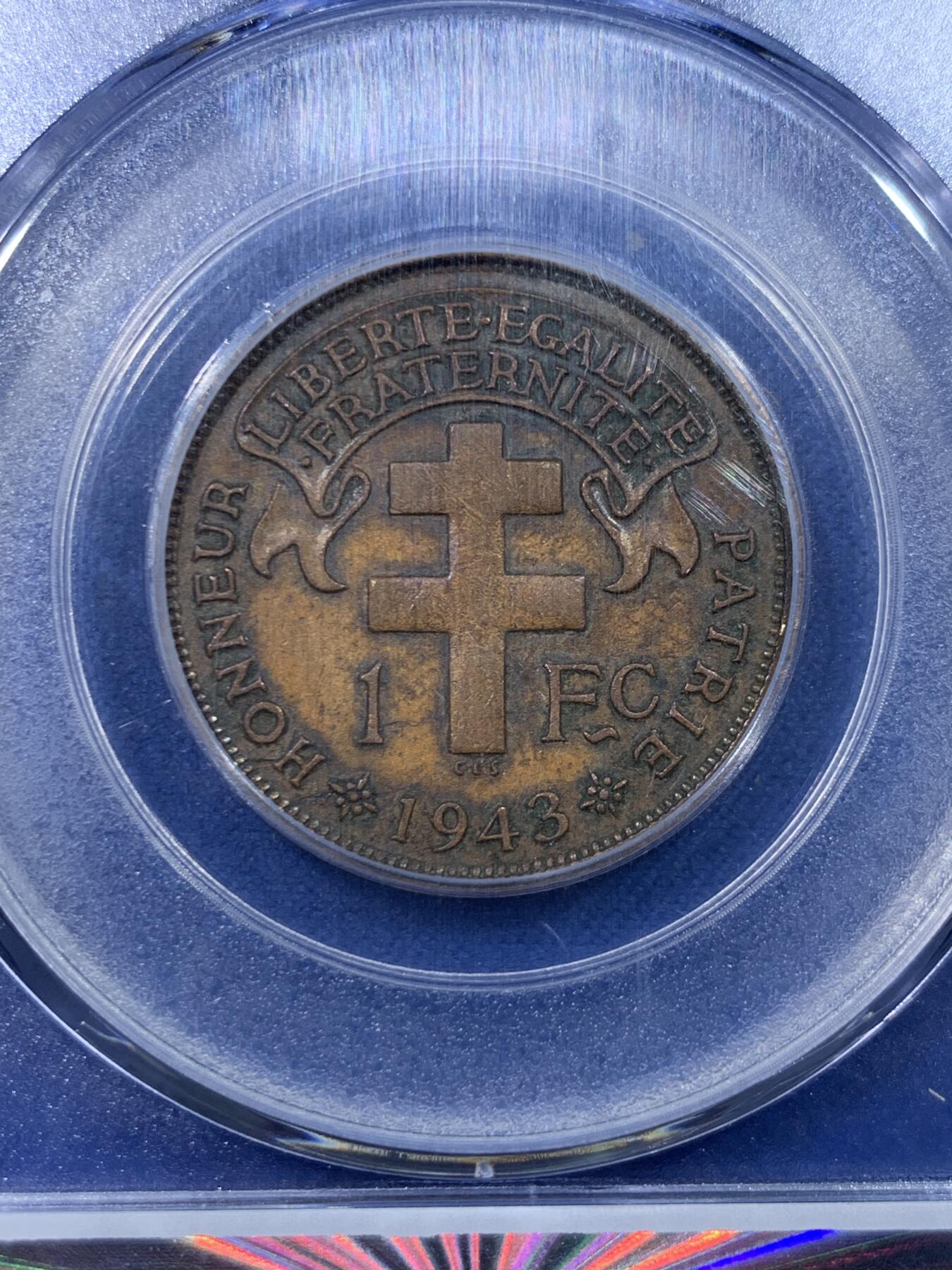 《竞宝斋》第434场 周日，周一2场连拍 （全场包邮） 两枚一组 公博 XF45 法属马达加斯加1943年1法郎和50分