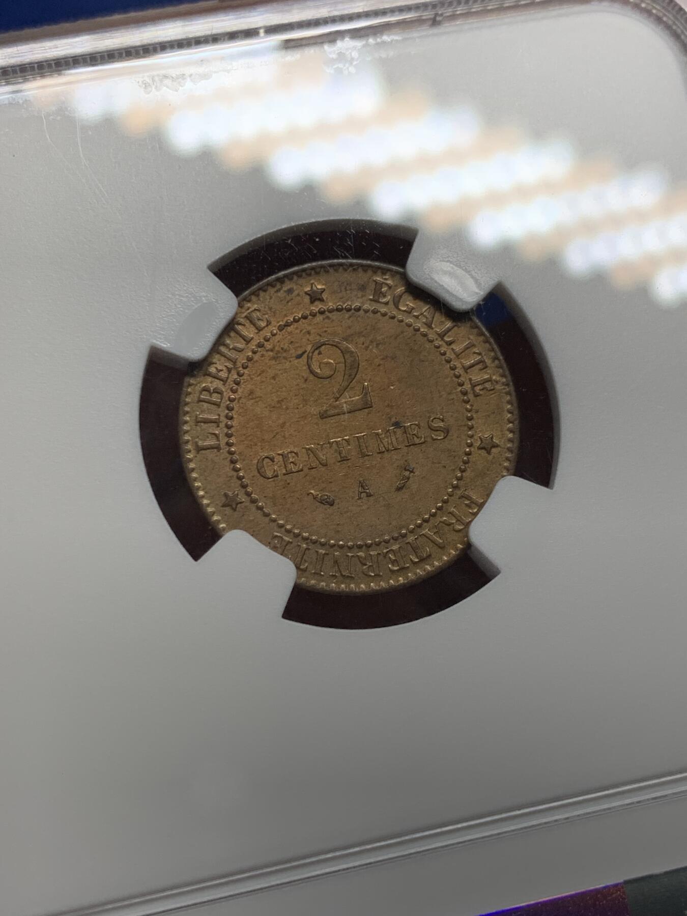 《竞宝斋》第434场 周日，周一2场连拍 （全场包邮） NGC MS62 法国1890年谷物女神2分铜币 稀少