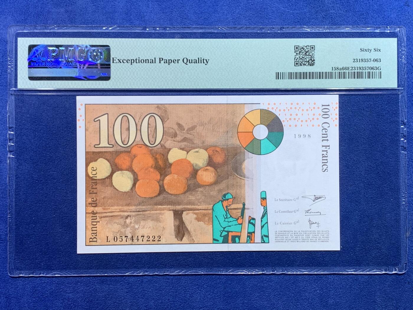 《竞宝斋》第434场 周日，周一2场连拍 （全场包邮） PMG 66EPQ 法国 1997-98年100法郎 画家塞尚 豹子号