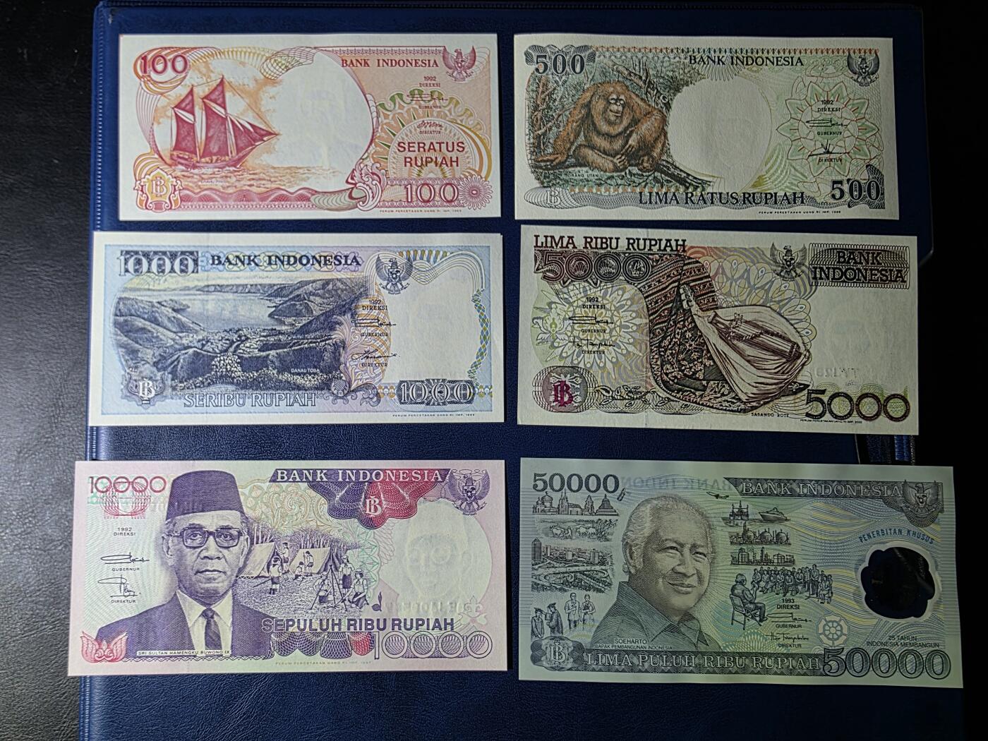 叁拾收藏第33期 印度尼西亚1992年100-1万+1993年5万塑料钞苏哈托共六张   UNC