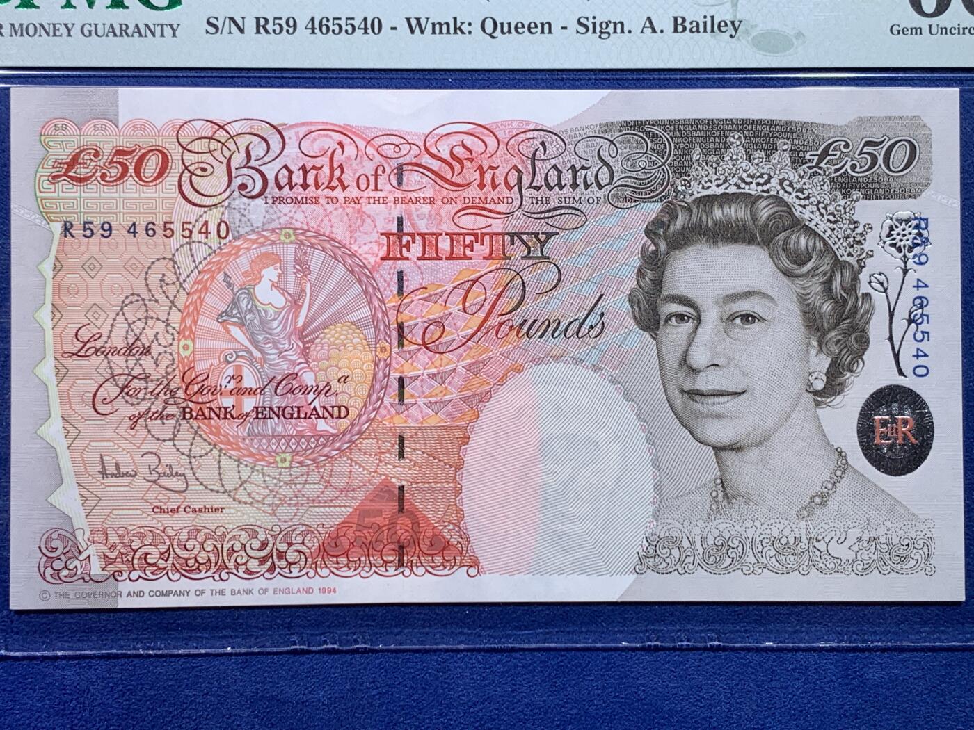 《竞宝斋》第434场 周日，周一2场连拍 （全场包邮） PMG 66EPQ 1994年英国E序列 50镑 女王钞