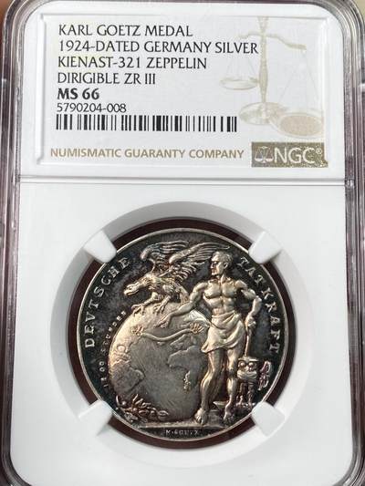 万国钱币拍卖第054期 - NGC MS66 1924年德国卡尔哥茨设计齐柏林飞艇纪念银章 精致喷砂镜面工艺 GEM顶级渐变式彩虹彩包浆收藏品质