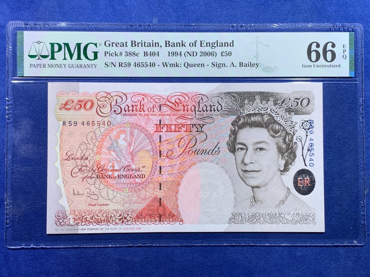 《竞宝斋》第434场 周日，周一2场连拍 （全场包邮） PMG 66EPQ 1994年英国E序列 50镑 女王钞