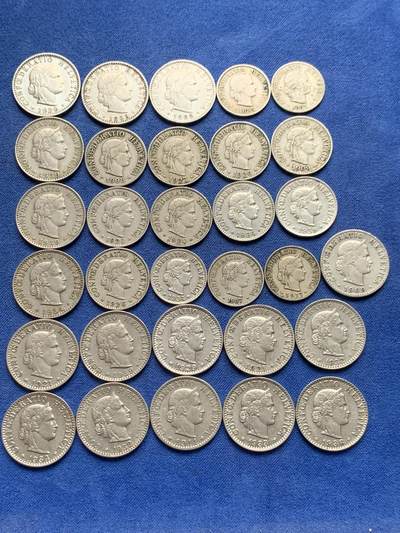 《竞宝斋》第434场 周日，周一2场连拍 （全场包邮） - 31枚一组 瑞士早年份生丁镍币，20生丁17枚，10生丁9枚，5生丁5枚。都是1940年之前的年份，含1887/1885年5生丁，1883/1885年20生丁镍币，凑年份的不要错过了！具体年份版本以图片为准