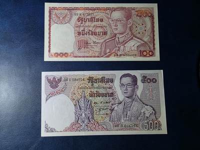 叁拾收藏第33期 - 泰国1978年100泰铢+1975-86年500泰铢一对   UNC