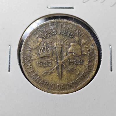 KK钱币收藏小铺  第363场  2月预留时间 周末发货 -  1922巴西1000瑞斯铜币 纪念币