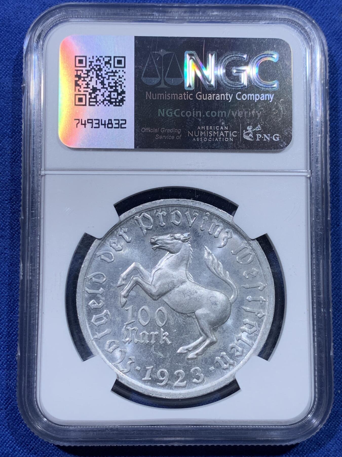 《竞宝斋》第434场 周日，周一2场连拍 （全场包邮） NGC MS63 德国德紧时期1923年女诗人100马克，浮雕立体，性价比高。