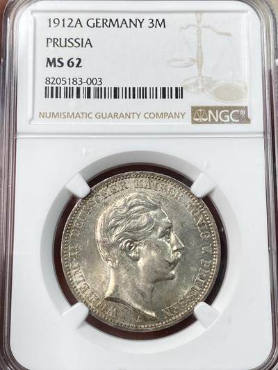 万国钱币拍卖第054期 - NGC MS62 1912年德国普鲁士威廉二世长翅流通3马克 温润黄油转光