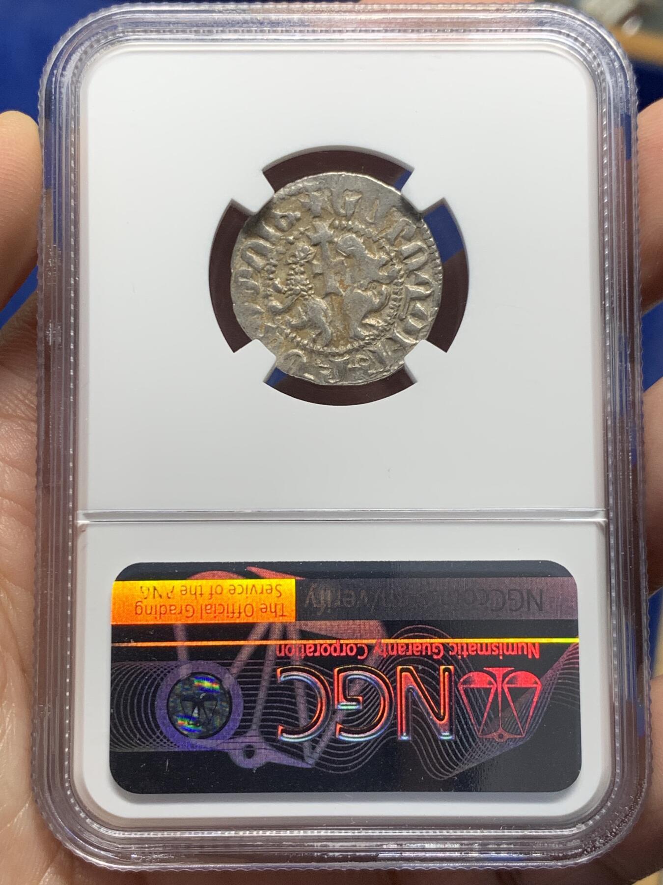 《竞宝斋》第434场 周日，周一2场连拍 （全场包邮） NGC XF 西里西亚-亚美尼亚Levon一世1198-1219年中世纪打制银币，十字军标签。