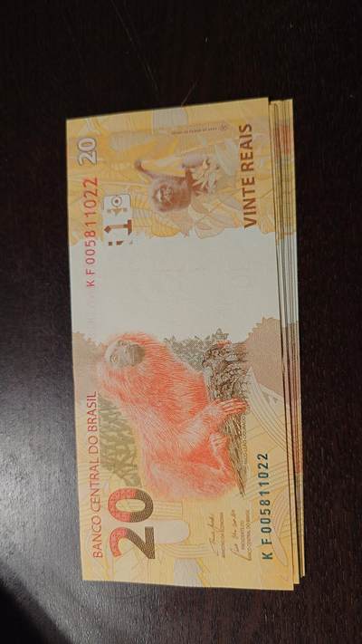 世界钱币～微拍第212期暨2025年第52期  部分库存清仓选号 - 2010年巴西20雷亚尔 全新绝品无47尾号1022