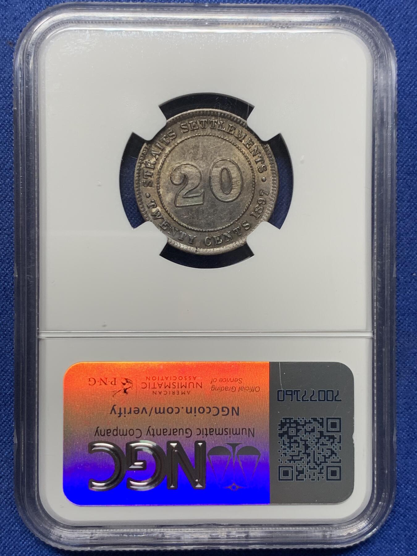 《竞宝斋》第434场 周日，周一2场连拍 （全场包邮） NGC AU58 英属海峡1897H维多利亚女王20分银币，双面顶级重五彩，发丝皇冠全深打，状态绝赞。铸量仅18万5千，后期高难年份，60分书价600美元，季军分，更高仅6枚。早在14年外拍同分就以250美元成交，包浆远不如此枚