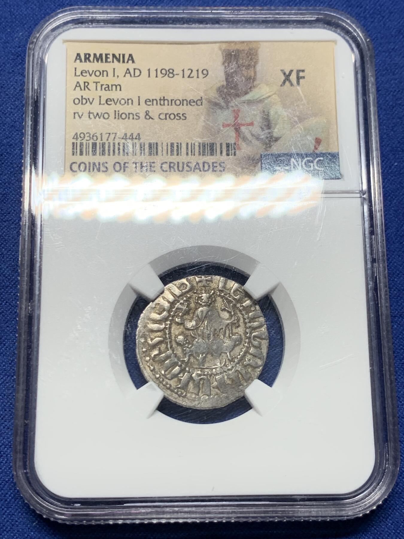 《竞宝斋》第434场 周日，周一2场连拍 （全场包邮） NGC XF 西里西亚-亚美尼亚Levon一世1198-1219年中世纪打制银币，十字军标签。